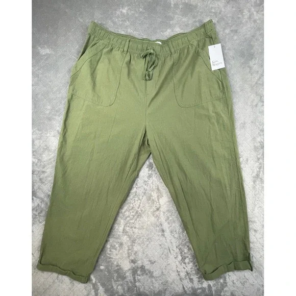 Kim Rogers Plus Size 2X Green Cropped Linen Blend Pants Elastic Waist Drawstring - Picture 2 of 8